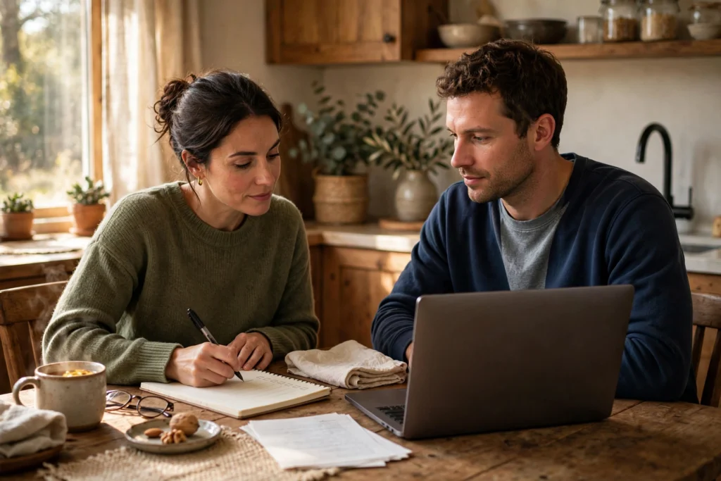 Photo of a couple working through a bonus and overtime planning checklist together