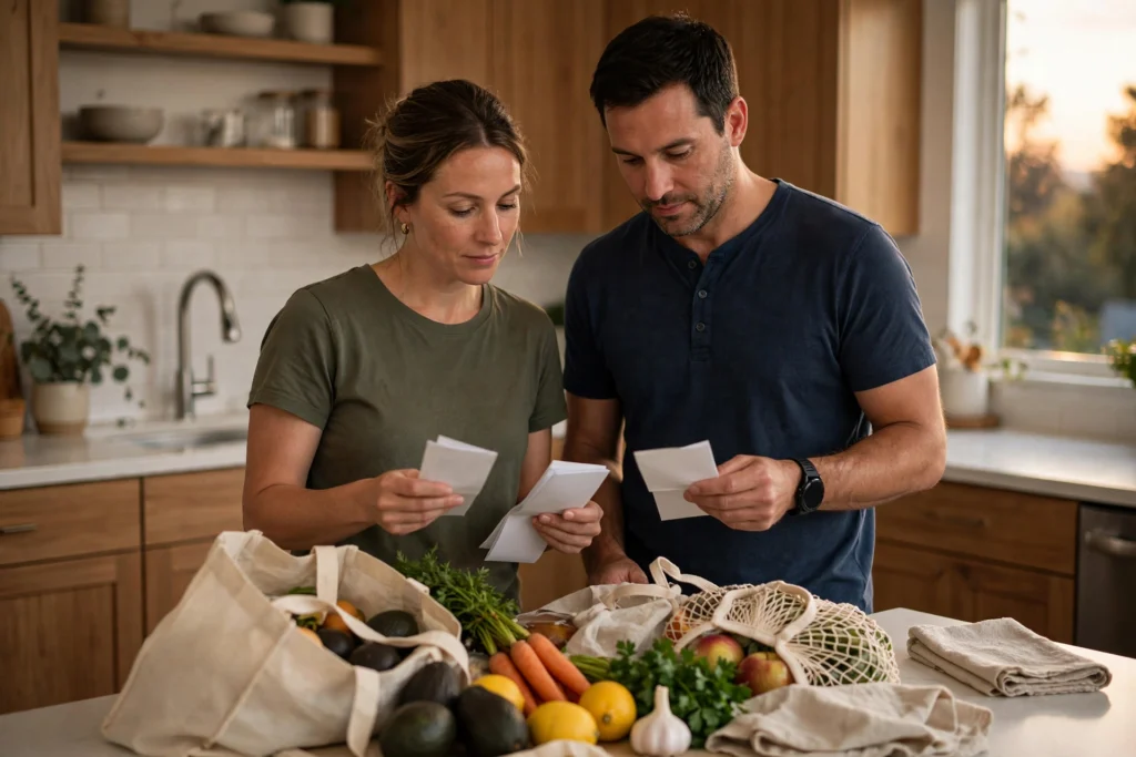 Photo of a couple unpacking groceries at home and checking their list together