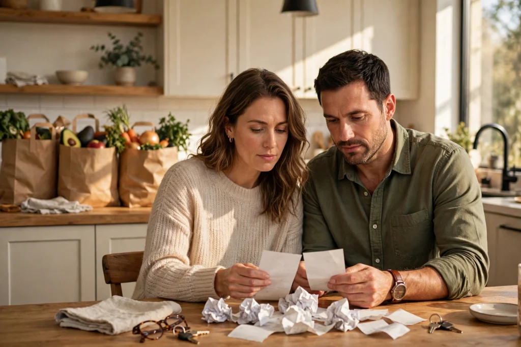 Photo of a couple reviewing grocery receipts together at a kitchen table