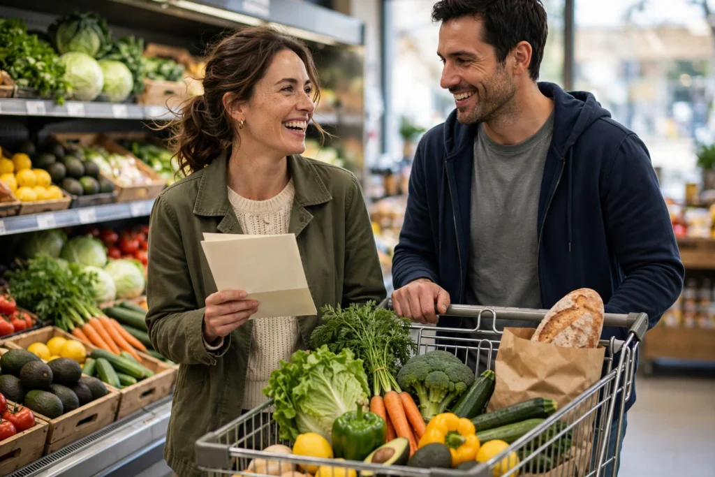 Photo of a couple grocery shopping together with a shopping list