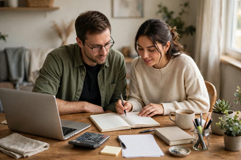 Photo of a couple setting aside side income for taxes at their kitchen table