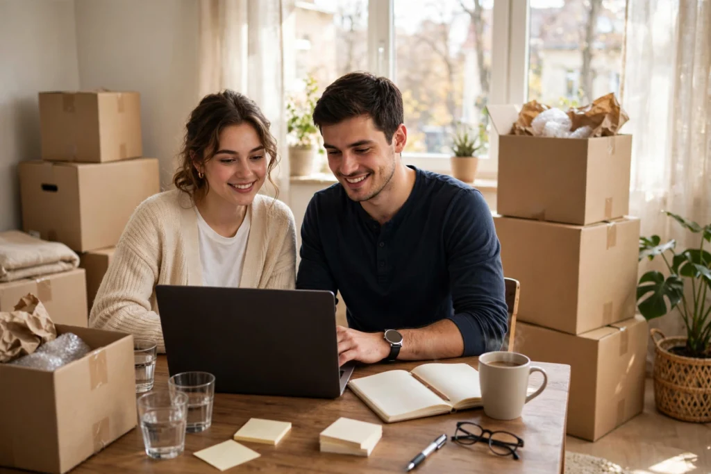 Photo of a couple planning household bills in their new home after moving