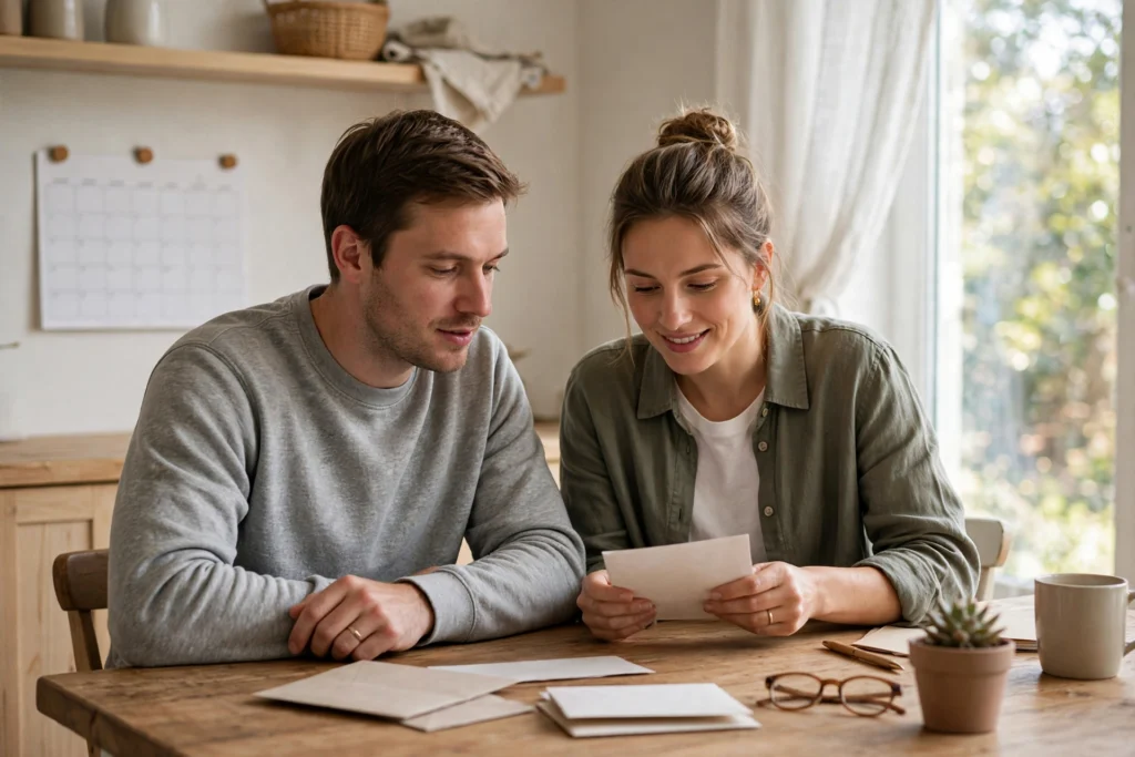 Photo of a couple matching household bills to their paycheck dates at home