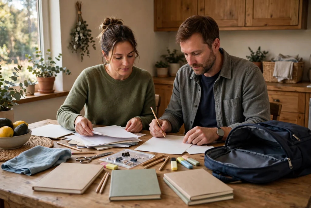 Photo of a family preparing school supplies together at back-to-school time
