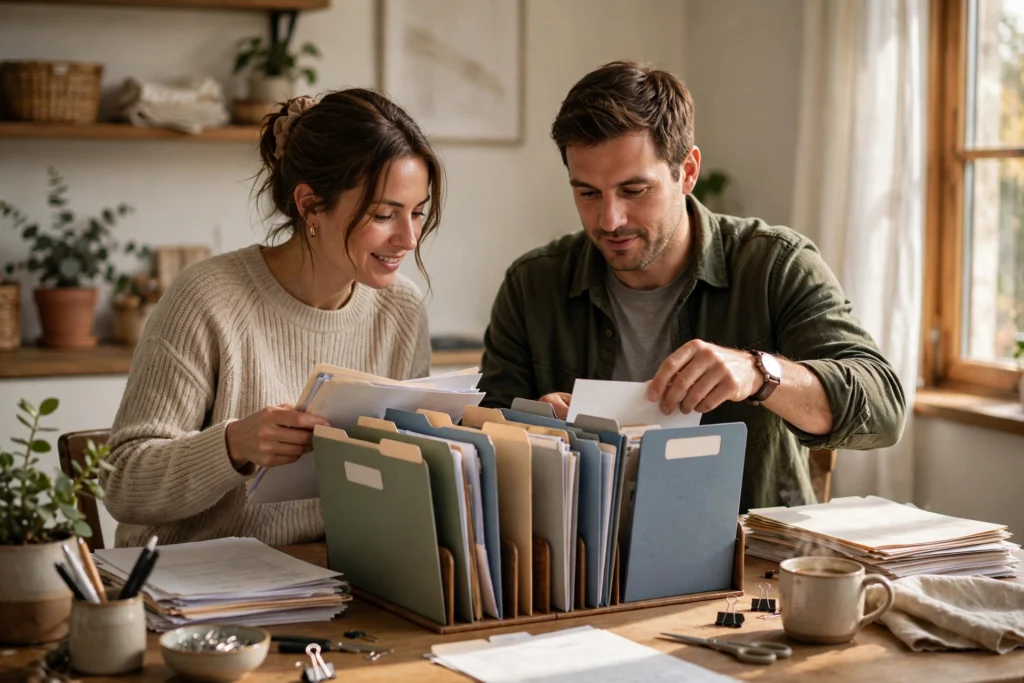 Photo of a couple organizing their tax documents into a folder together