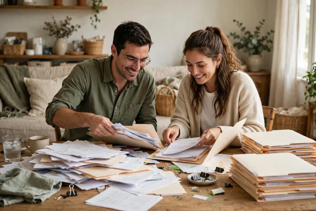 Photo of a couple sorting a messy pile of tax documents together at a table