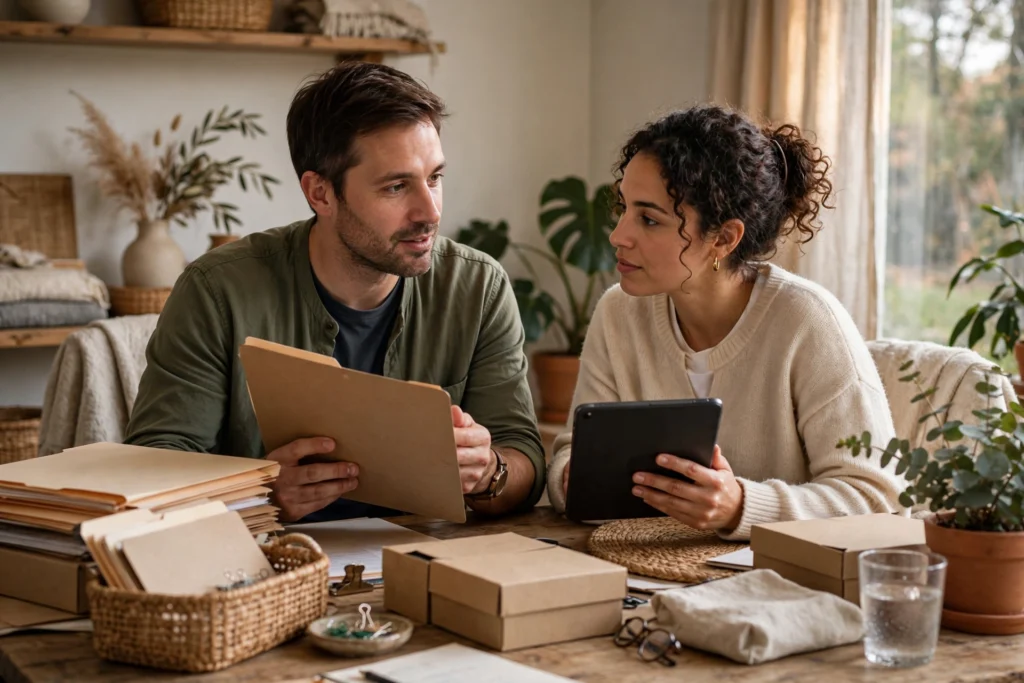 Photo of a couple weighing a simple tax document organizer system at home