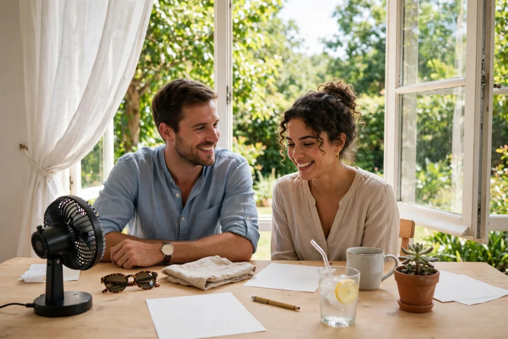 Photo of a couple planning summer household expenses together at a bright table