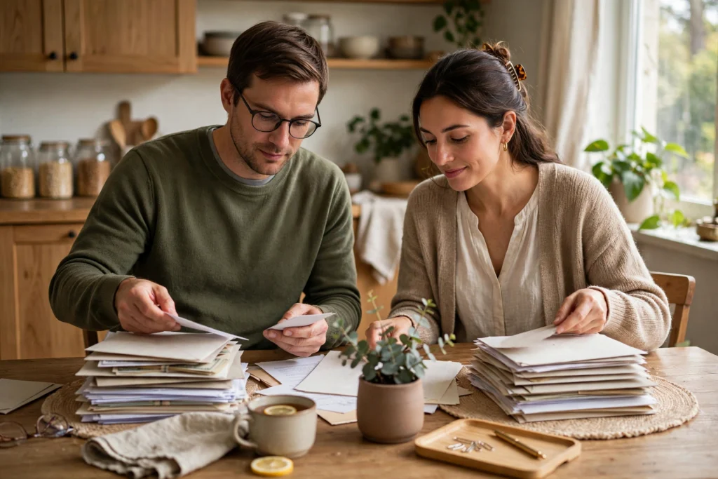 Photo of a couple sorting household bills by pay date at home