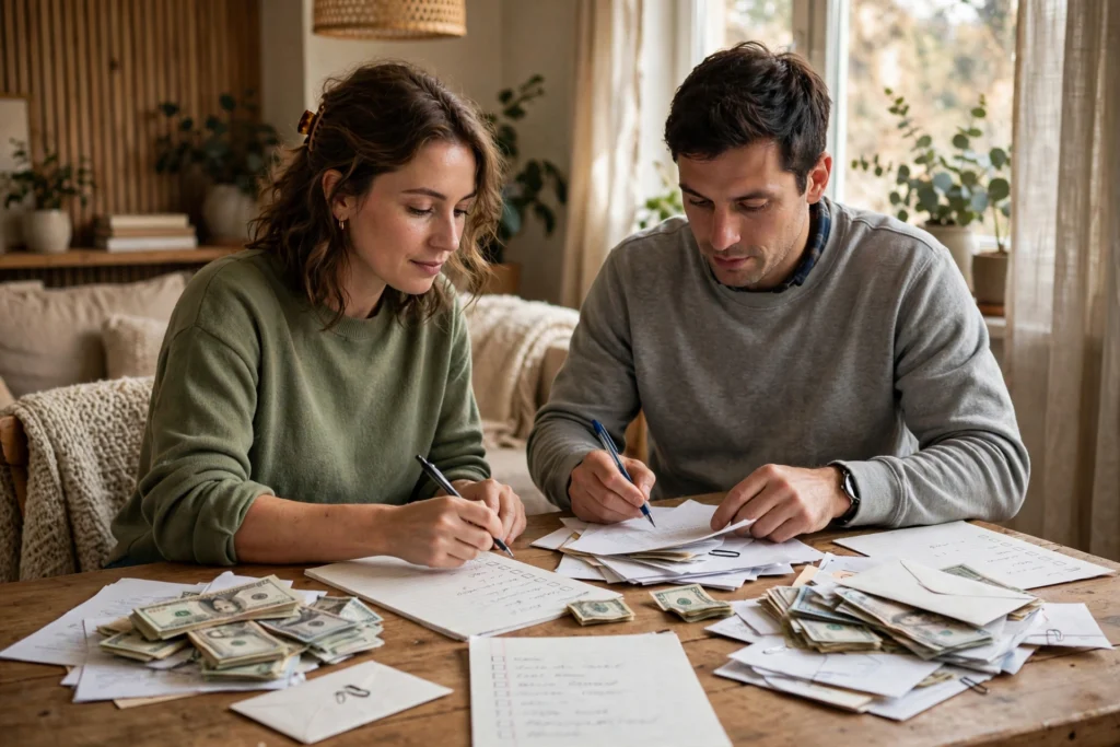 Photo of a couple dividing household bills between two paychecks at the table