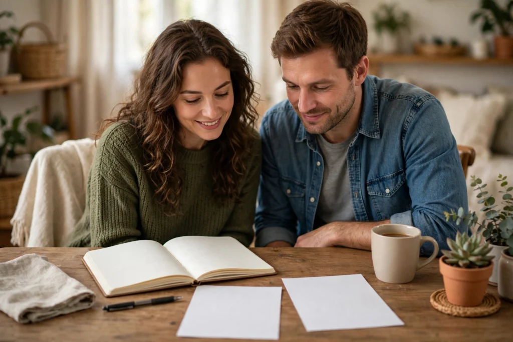 Photo of a couple starting their first withholding checkup together with pay stubs