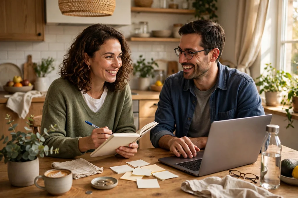 Photo of a couple sharing budgeting tasks fairly at the kitchen table