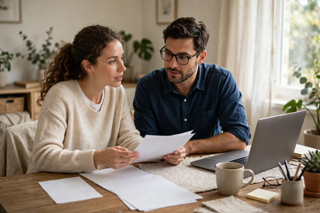 Photo of a couple checking their paycheck withholding together at a desk