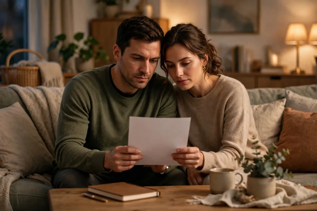 Photo of a couple sitting close on their living room couch in warm lamplight, quietly reviewing a single blank sheet of paper together after an income change