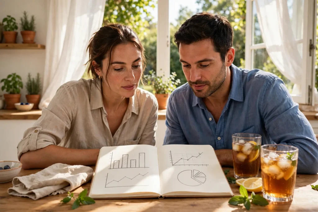 Photo of a couple at a bright kitchen table in summer with glasses of iced tea and an open notebook of simple blank charts, mapping out their payments for the season