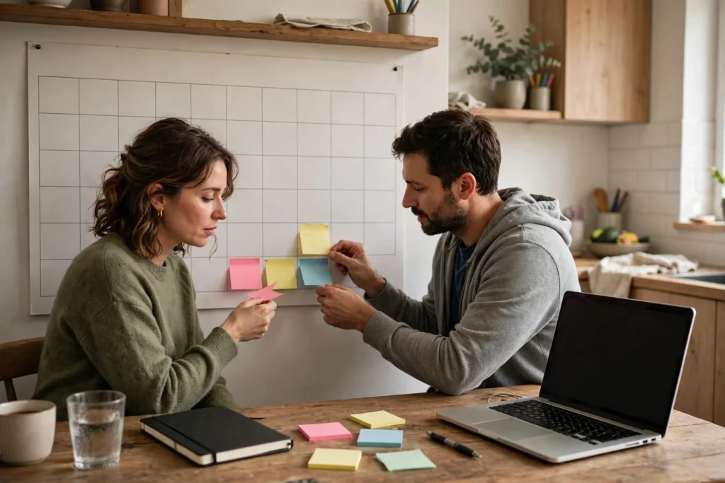 Photo of a couple placing colored sticky notes on a large blank wall calendar at their kitchen table with a laptop and notebook beside them