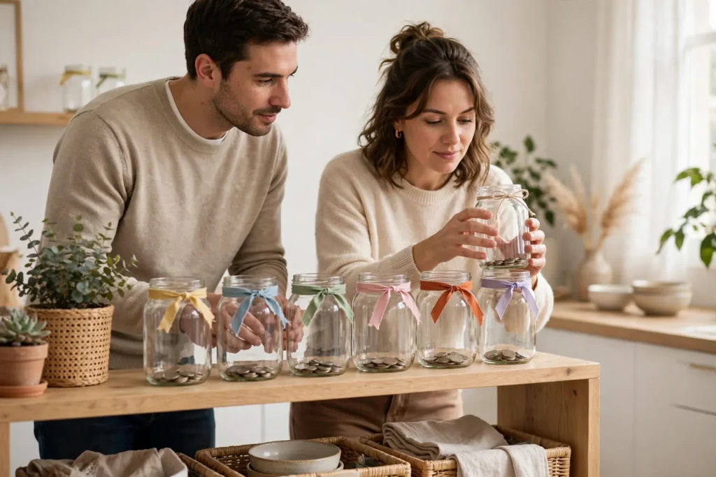 Photo of a couple arranging a row of clear glass savings jars on a wooden shelf each jar tied with a different colored ribbon