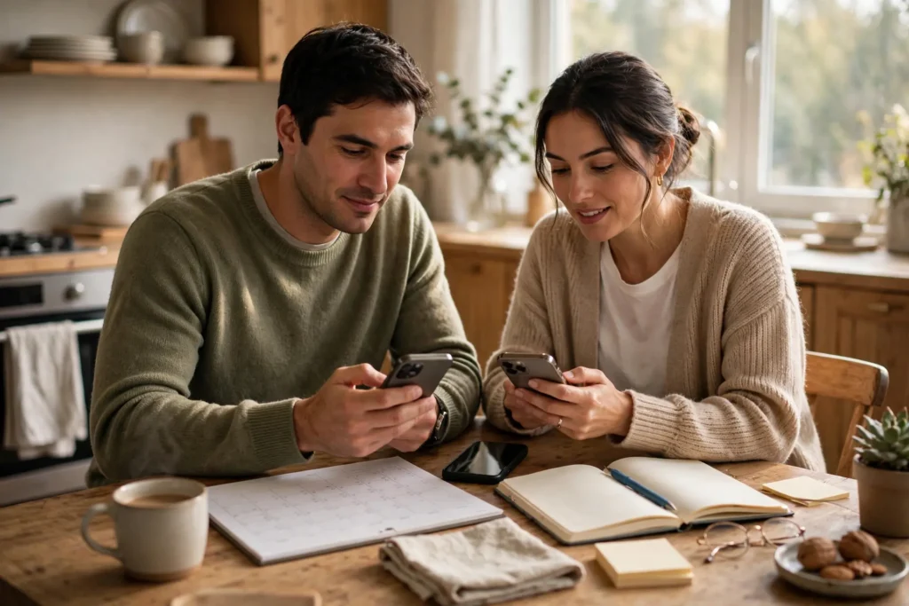 Photo of a couple at their kitchen table each holding a smartphone with a calendar page and an open notebook between them setting up reminders