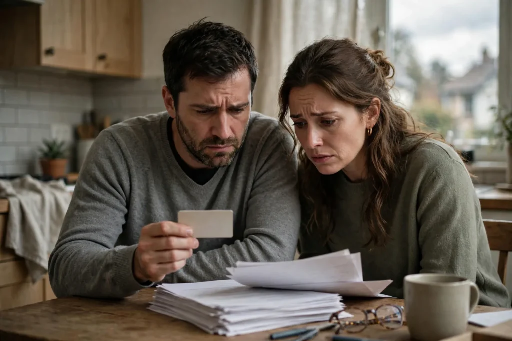 Photo of a worried couple at their kitchen table one partner holding a plain blank credit card while they look at a stack of statement papers