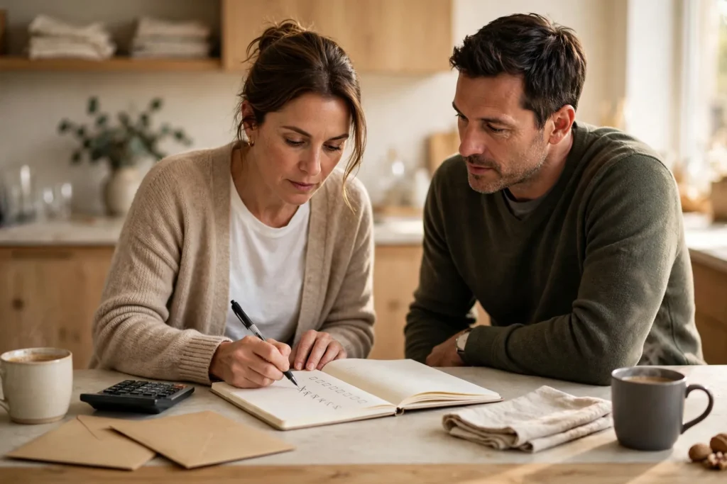 Photo of a couple at a kitchen counter ticking off boxes in a notebook checklist with a calculator and plain envelopes and two mugs of coffee beside them