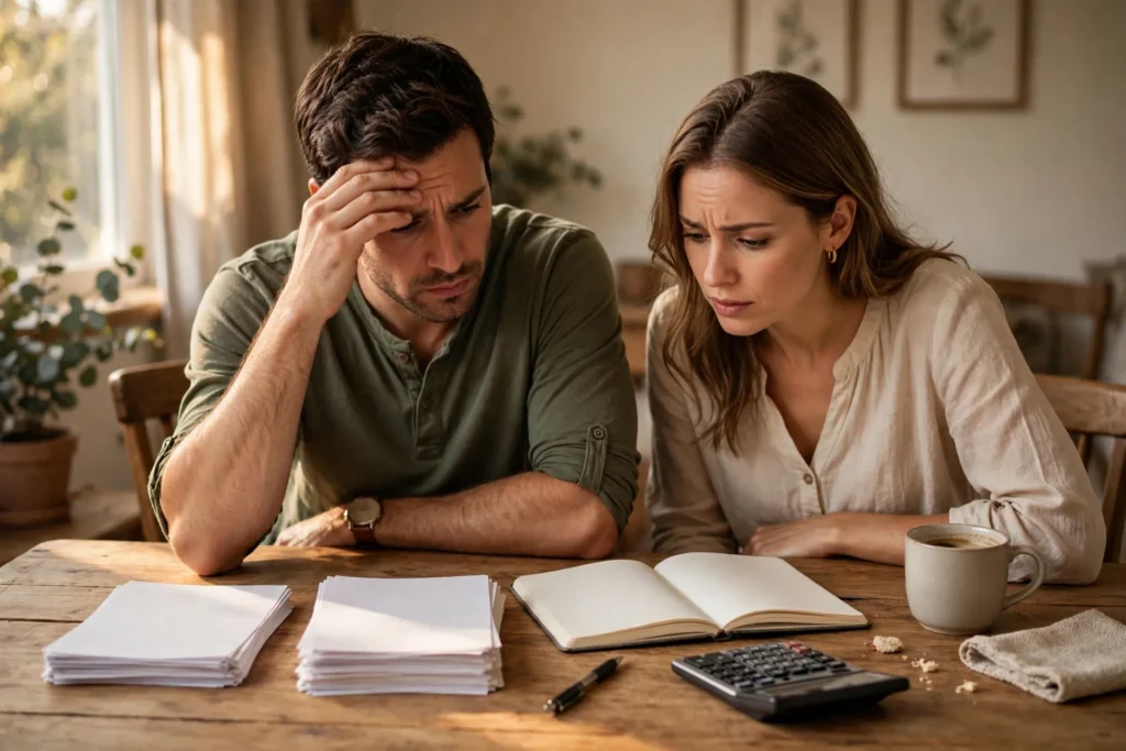 Photo of a couple at their dining table reviewing plain blank papers and a notebook with a calculator nearby, one partner rubbing his forehead as they rethink their payoff plan