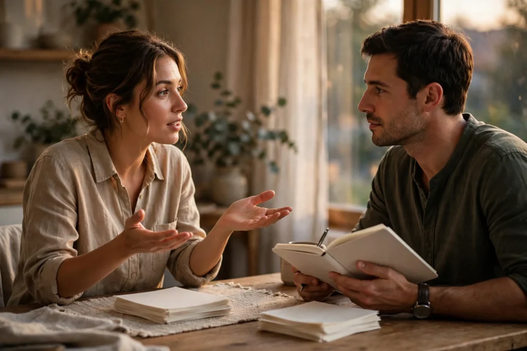 Photo of a couple at a dining table in soft evening light discussing two neat piles of plain papers with one partner gesturing with open hands while the other listens with an open notebook