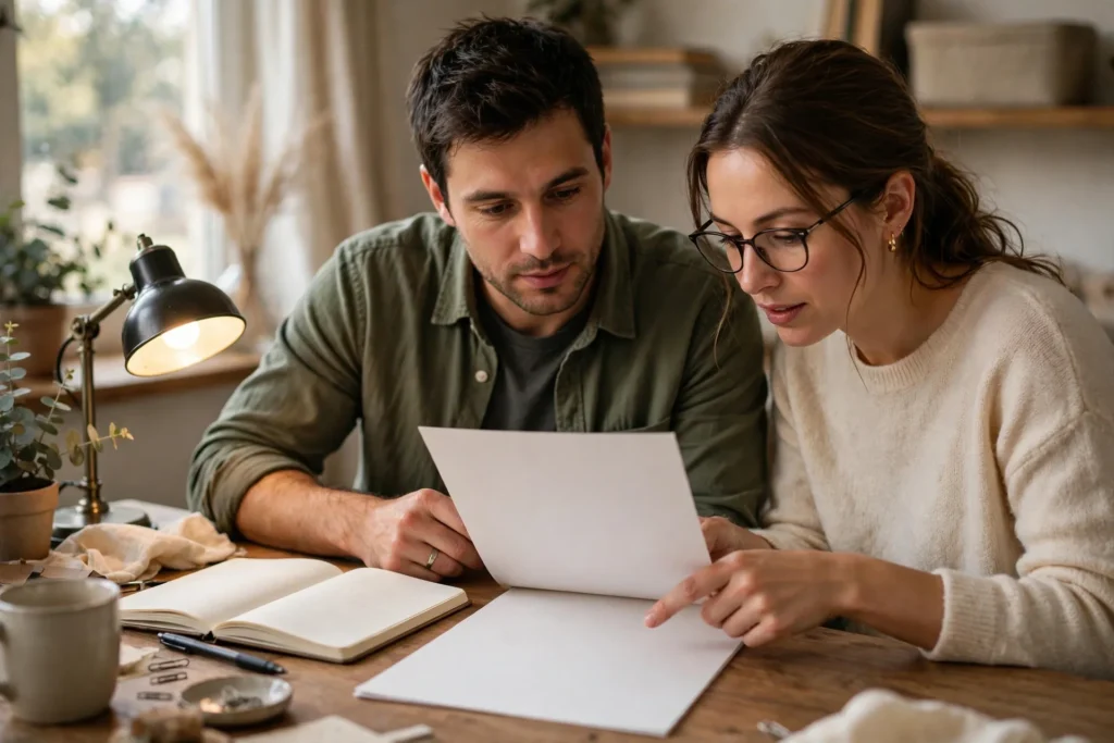 Photo of a couple at a home desk under a warm lamp reading a plain document together, one partner pointing at the page with an open notebook beside them