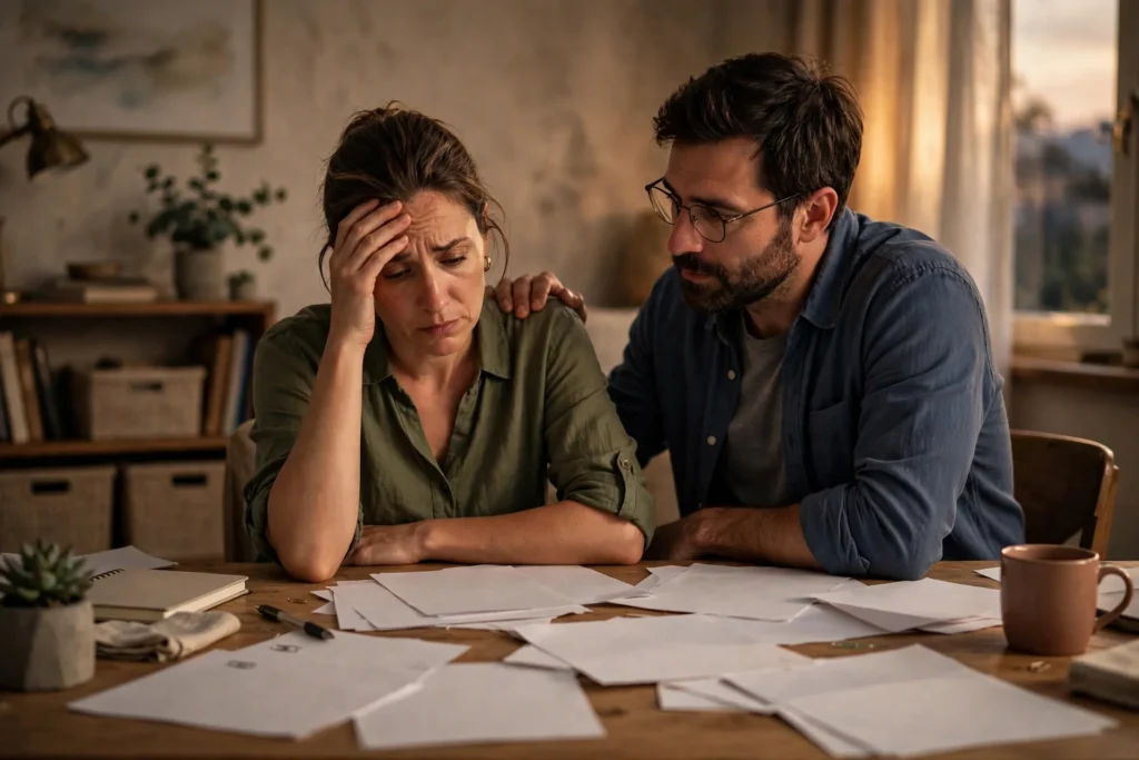 Photo of a couple at a home office desk in the evening looking ruefully at plain papers spread out, with one partner's hand to her forehead and the other offering a reassuring hand on her shoulder.