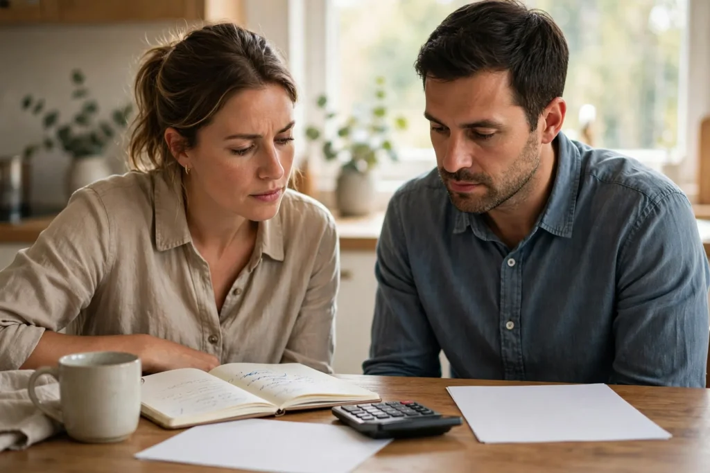 Photo of a couple at a kitchen table in daylight looking thoughtfully at a notebook, calculator, and plain papers as they weigh a personal loan together.