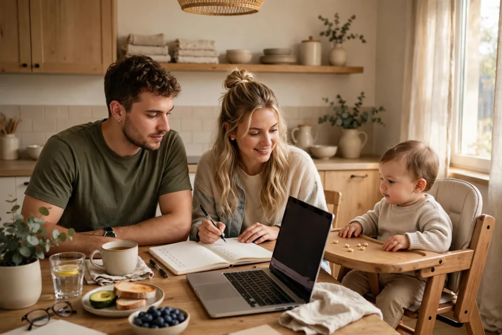 Photo of a young couple at their kitchen table with their baby in a high chair beside them working through a checklist in a notebook with a laptop open