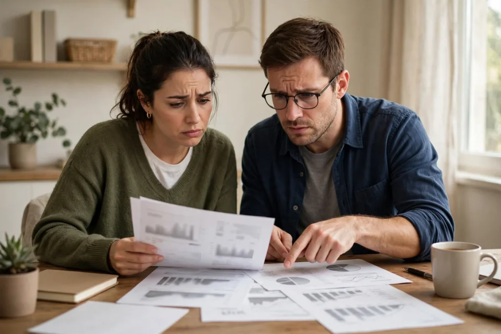 Photo of a couple in their thirties at a table reviewing printed financial papers together with thoughtful concerned expressions