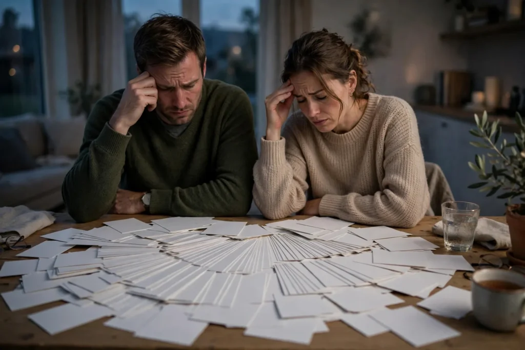 Photo of an overwhelmed couple at their table rubbing their temples in front of a huge fan of many plain blank cards spread out before them