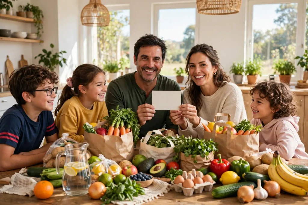 Photo of a large happy family with three children around a kitchen table covered in groceries while the parents hold up a single plain blank card together