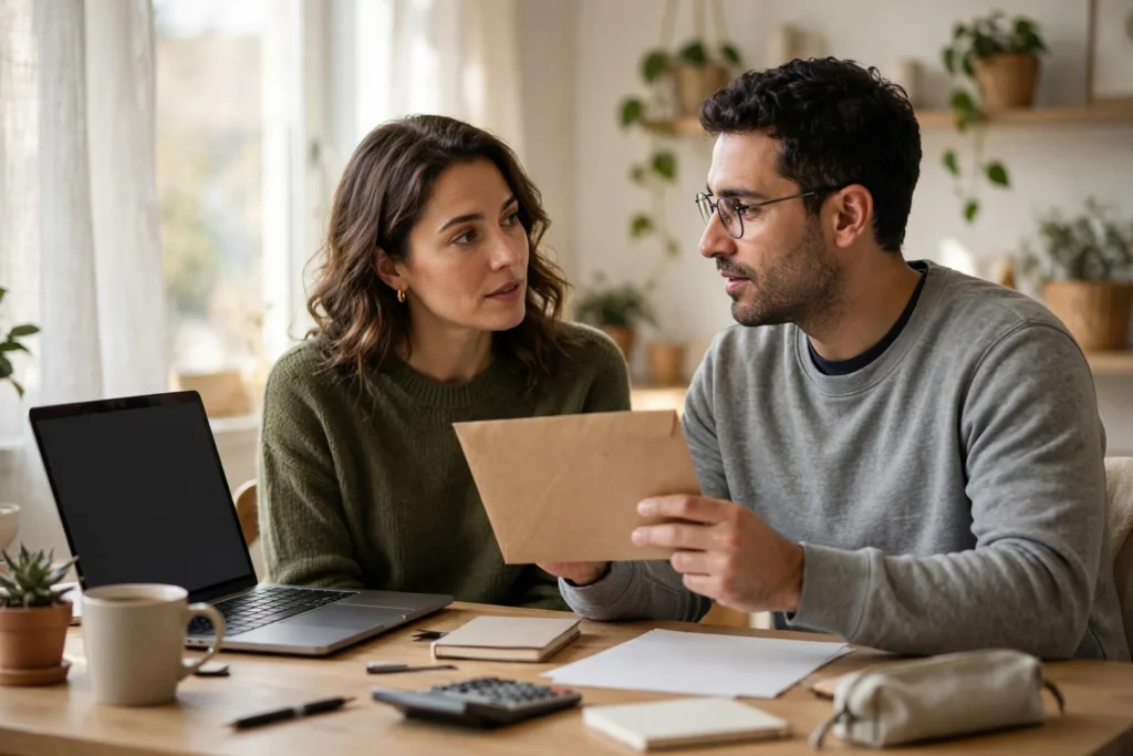 Photo of a couple at a home desk with a laptop while one partner holds a plain envelope as they talk through a job change together