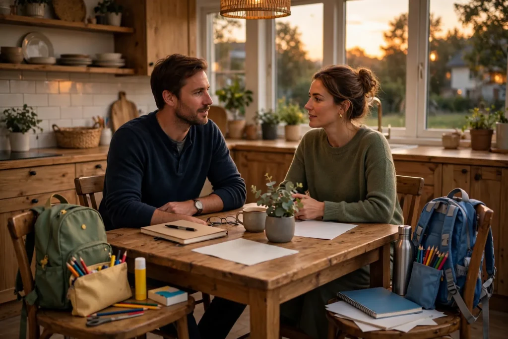 Photo of a couple talking at their kitchen table in the evening with their children's backpacks and school supplies on the chairs beside them