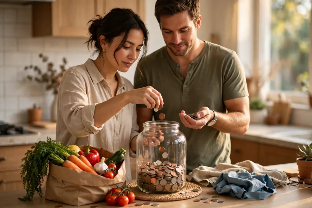 Photo of a couple at their kitchen counter dropping loose coins into a large glass jar with a paper grocery bag of vegetables beside them