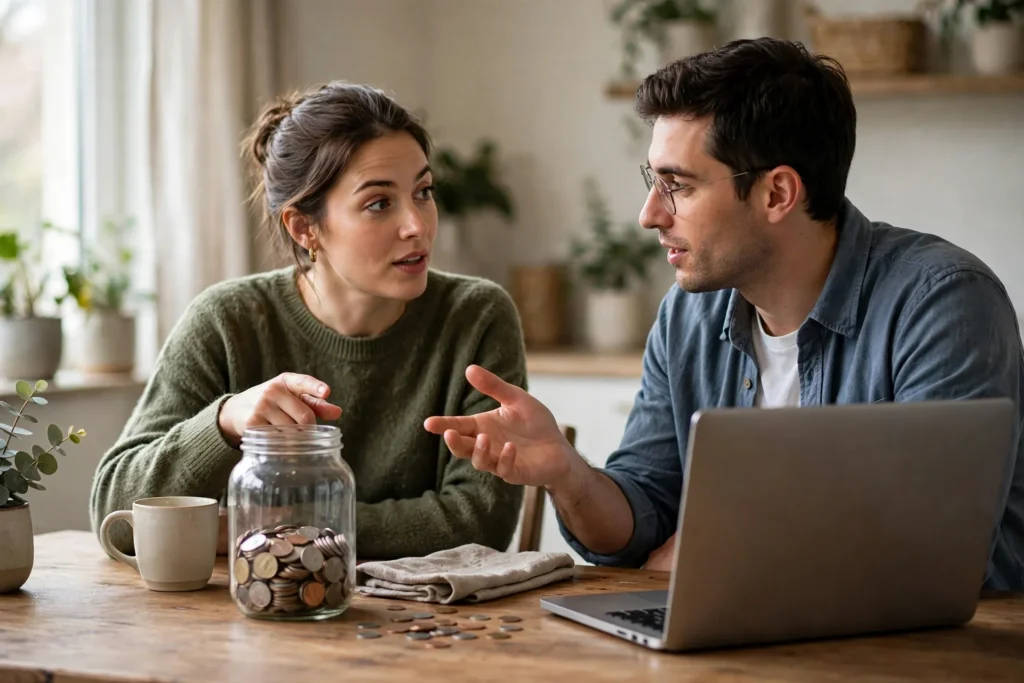 Photo of a couple at their dining table talking with a glass coin jar on one side and an open laptop on the other as they compare two ways of saving