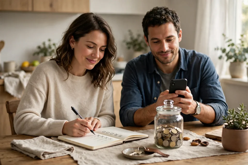 Photo of a couple at their kitchen table with a glass coin jar one partner ticking off a checklist in a notebook while the other checks a smartphone