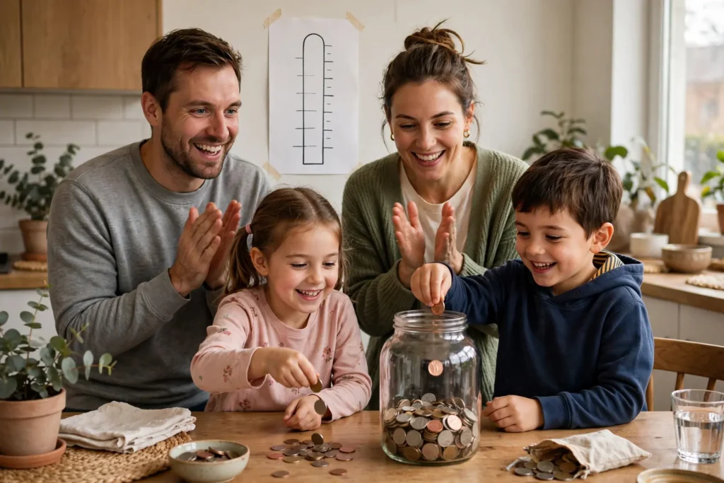 Photo of a happy family at their kitchen table their two children dropping coins into a big glass jar while the parents clap with a blank progress chart on the wall behind them
