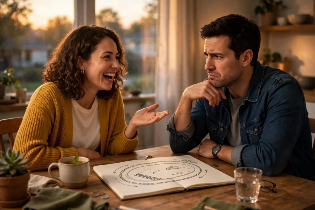 Photo of a couple at their dining table one partner laughing while the other looks skeptical with a notebook showing a hand-drawn racetrack doodle between them