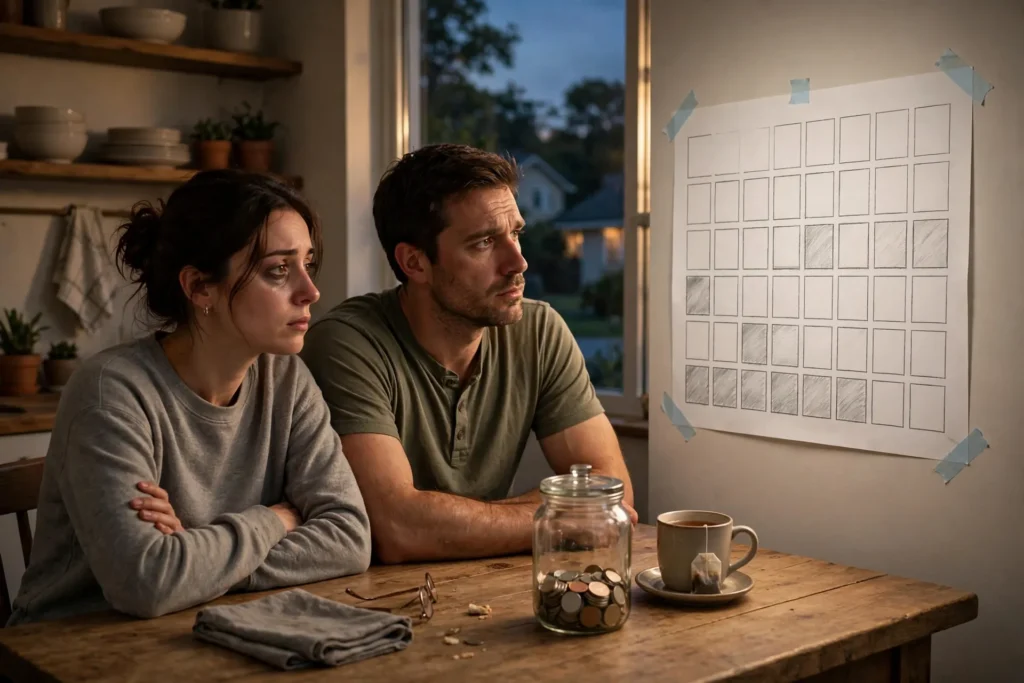 Photo of a tired deflated couple at their kitchen table in the evening looking at a half-filled grid chart taped to the wall with a coin jar on the table