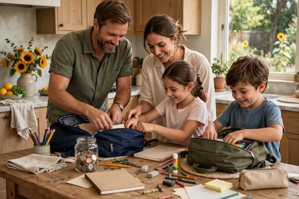 Photo of a smiling couple helping their two children pack new backpacks at the kitchen table with school supplies and a glass coin jar among them