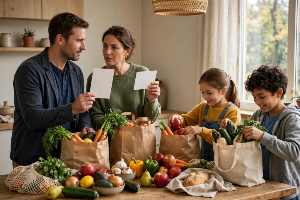 Photo of a family unpacking grocery bags at their kitchen table while the parents hold up two plain blank cards deciding together and the children help with the bags