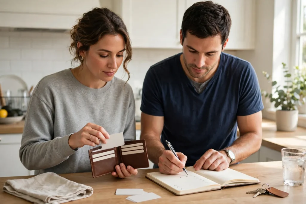 Photo of a couple at their kitchen counter one partner swapping a plain blank card inside an open wallet while the other writes in a notebook