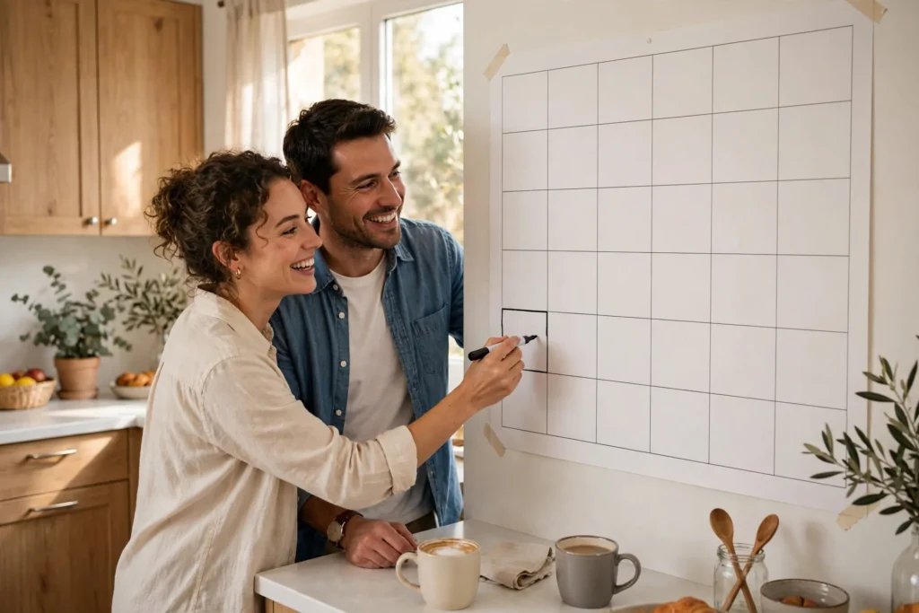 Photo of a smiling couple in their kitchen marking progress on a large blank wall calendar with a marker, celebrating a payoff milestone together