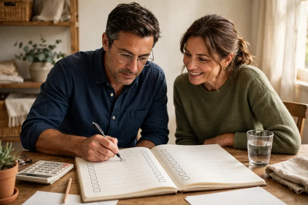 Photo of a couple at a wooden desk checking items off a large notebook checklist together, with a calculator and a glass of water beside them