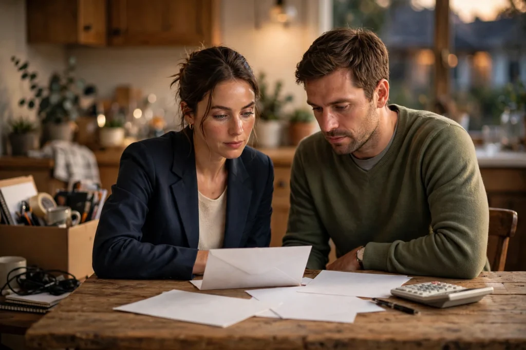 Photo of a couple at their kitchen table in the evening looking over a plain unmarked envelope and blank papers with a calculator beside them and a box of office belongings behind them