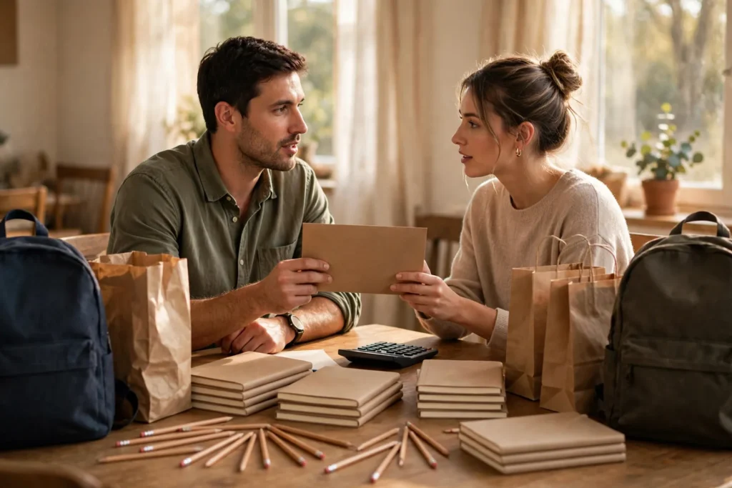 Photo of a couple at a dining table surrounded by backpacks and stacks of blank notebooks and paper shopping bags holding a plain unmarked envelope as they talk it over
