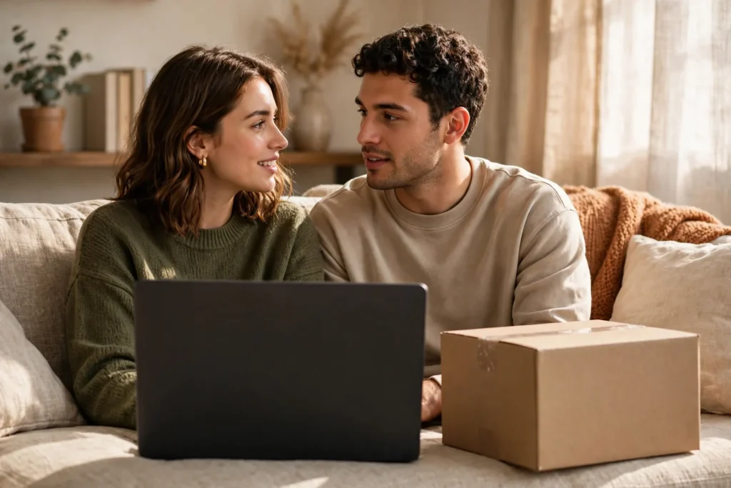 Photo of a relaxed couple on a living room couch talking curiously with a laptop facing away from the camera and a plain cardboard delivery box beside them.