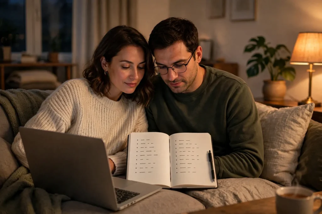 Photo of a couple on their living room sofa in the evening with a laptop and a notebook open to two side-by-side lists as they compare options